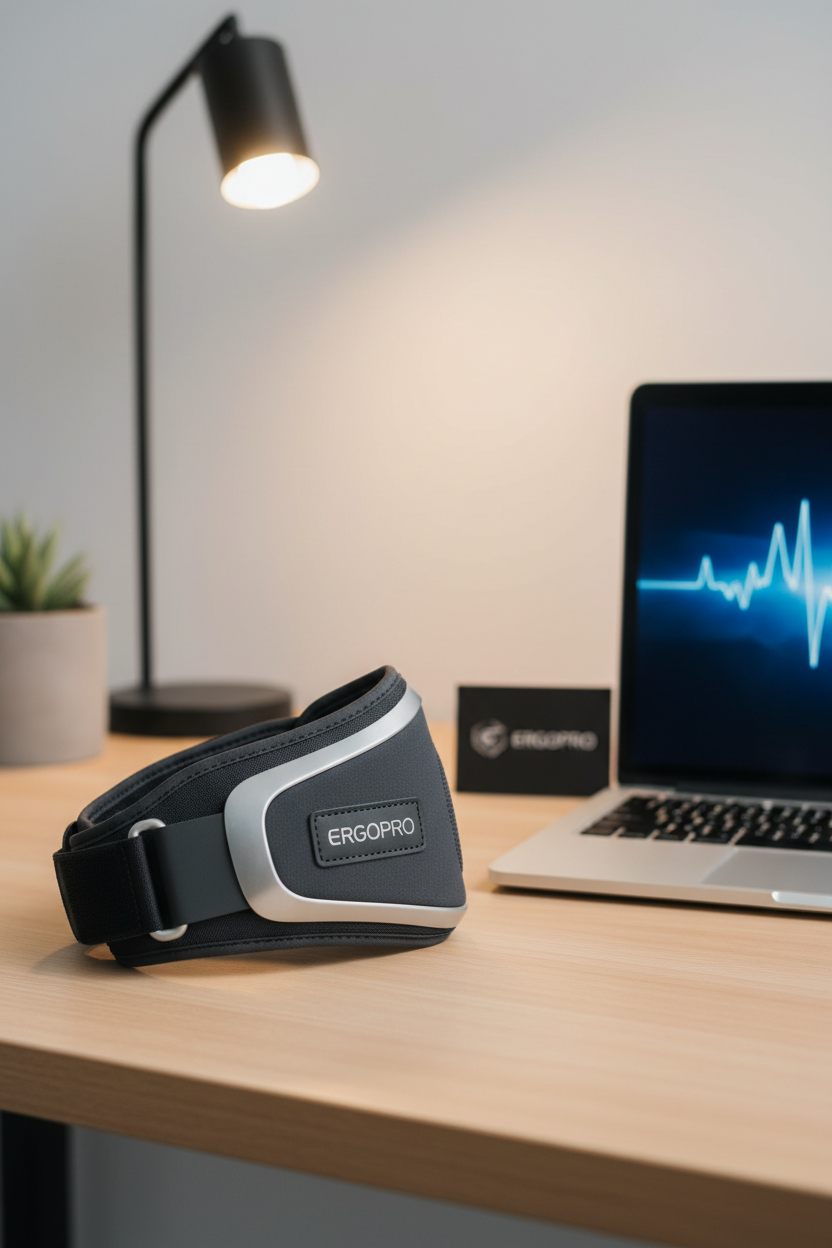 High-end ergonomic wrist brace on wooden desk next to modern laptop