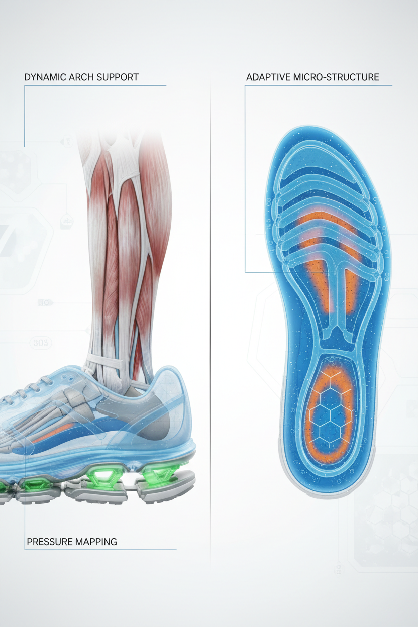 Cross-section of running shoe showing moldable insole supporting foot arch, 3D render