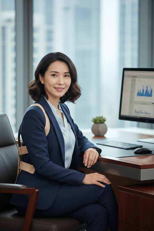 Professional woman sitting upright at office desk wearing back support frame over blouse