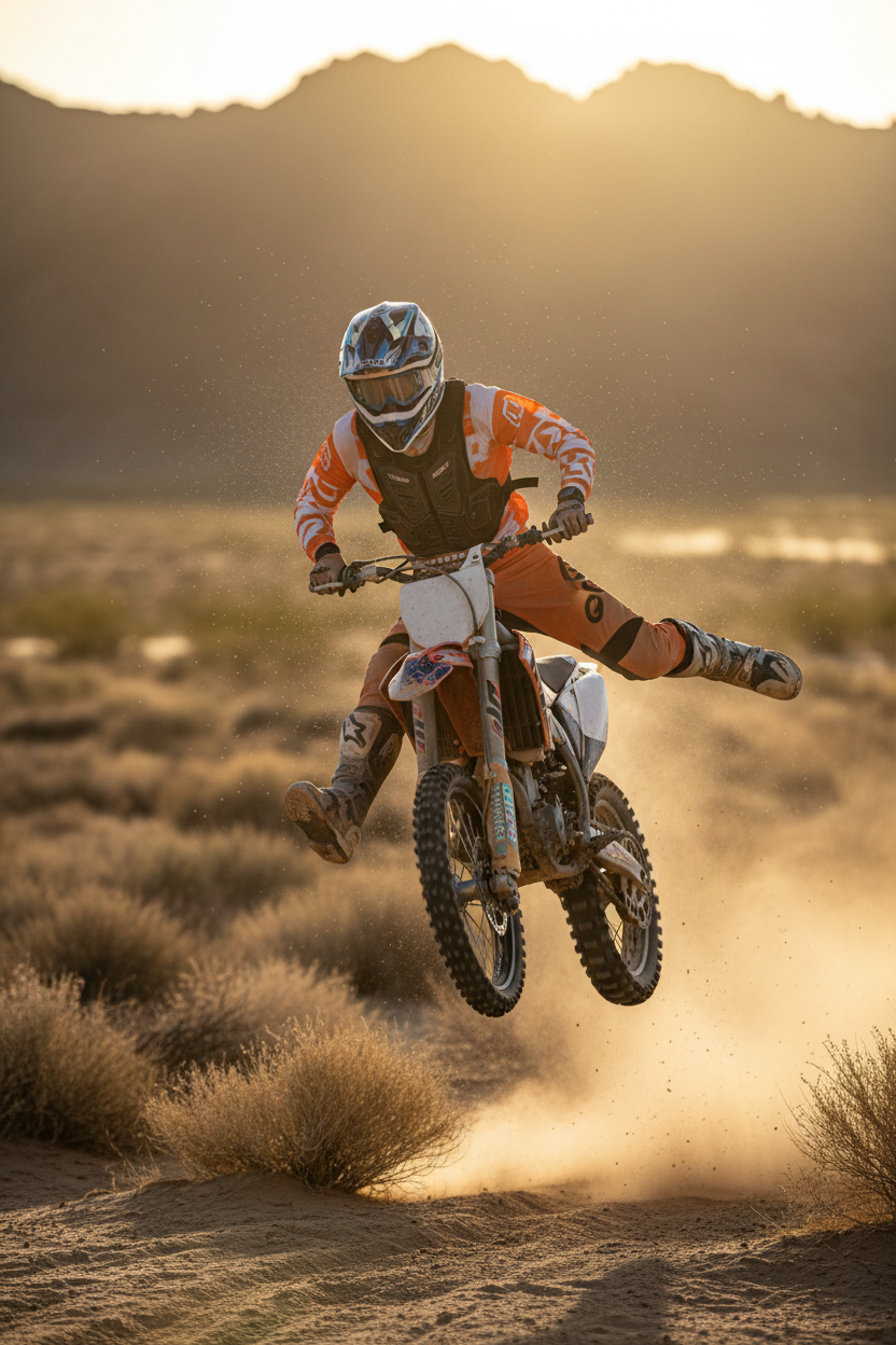 Extreme sports athlete on dirt bike mid-air wearing protective compression vest